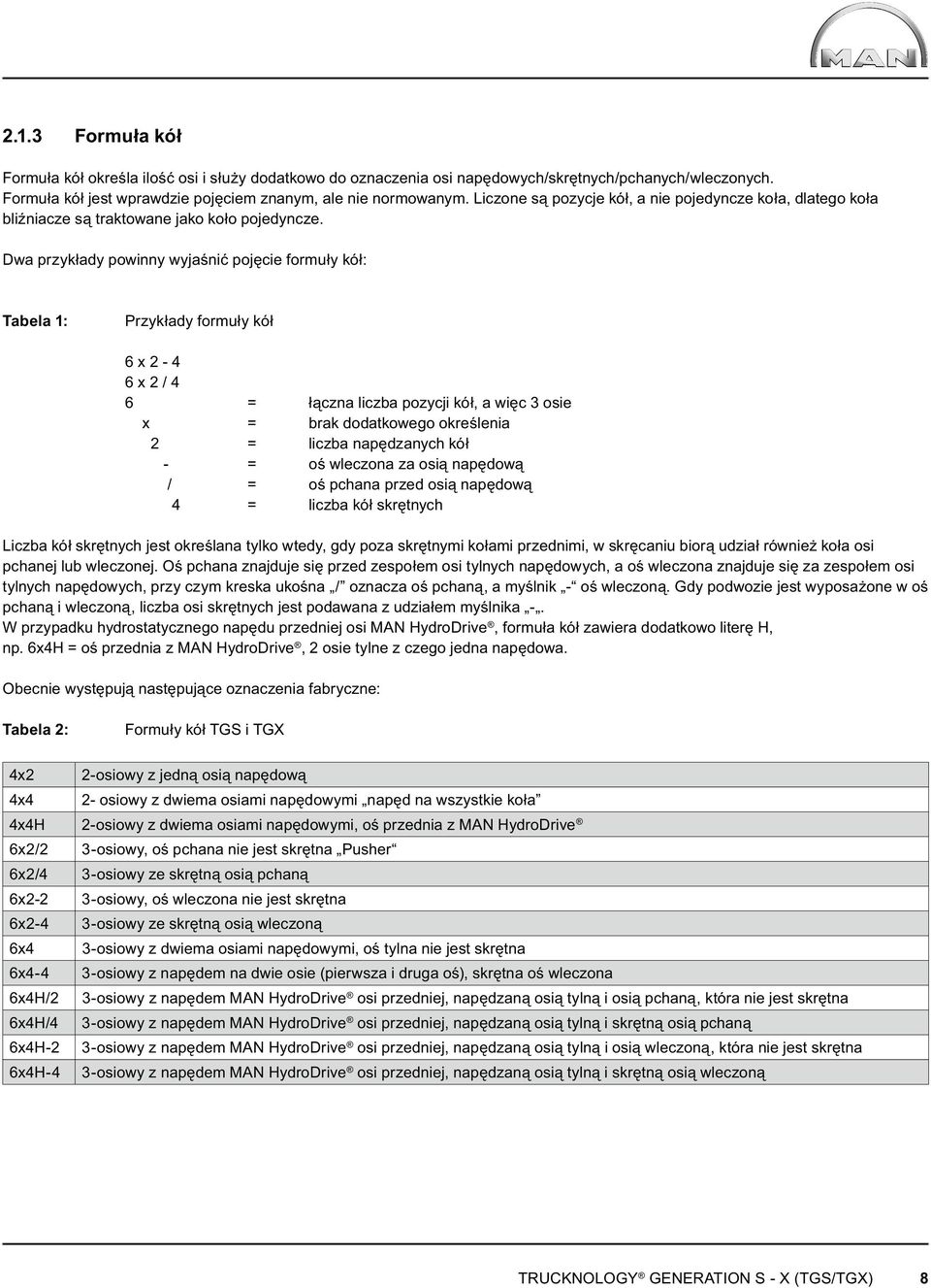 Dwa przykłady powinny wyjaśnić pojęcie formuły kół: Tabela 1: Przykłady formuły kół 6 x 2-4 6 x 2 / 4 6 = łączna liczba pozycji kół, a więc 3 osie x = brak dodatkowego określenia 2 = liczba