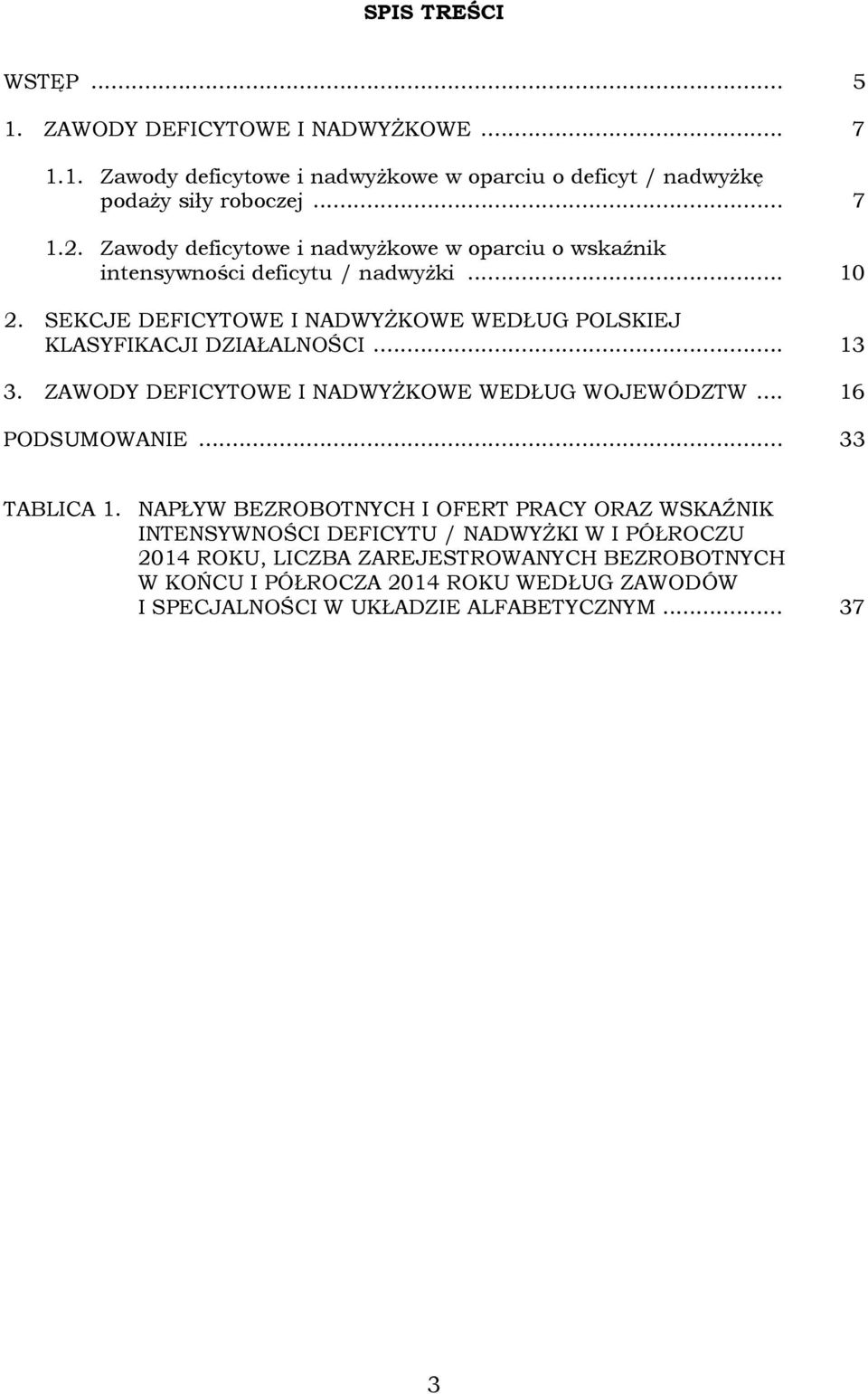 SEKCJE DEFICYTOWE I NADWYŻKOWE WEDŁUG POLSKIEJ KLASYFIKACJI DZIAŁALNOŚCI... 13 3. ZAWODY DEFICYTOWE I NADWYŻKOWE WEDŁUG WOJEWÓDZTW... 16 PODSUMOWANIE... 33 TABLICA 1.