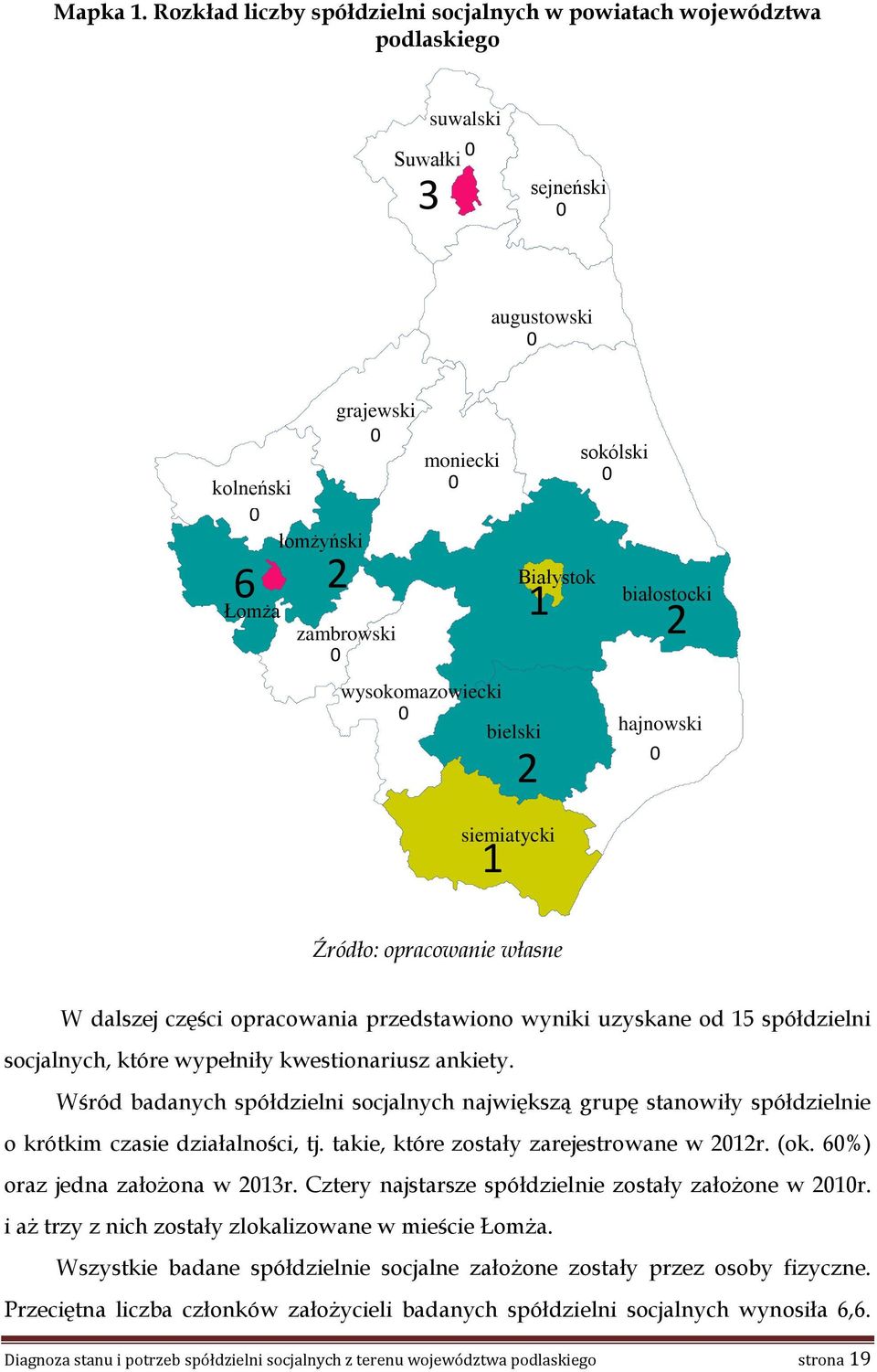 wysokomazowiecki 0 bielski Białystok 2 siemiatycki sokólski 0 białostocki 2 hajnowski 0 Źródło: opracowanie własne W dalszej części opracowania przedstawiono wyniki uzyskane od 15 spółdzielni