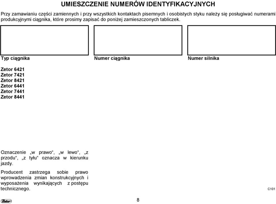 Typ ciągnika Zetor 6421 Zetor 7421 Zetor 8421 Zetor 6441 Zetor 7441 Zetor 8441 Numer ciągnika Numer silnika Oznaczenie w prawo, w lewo,