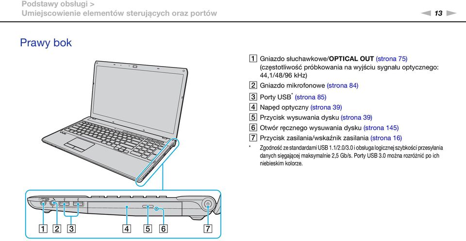 Przycisk wysuwania dysku (strona 39) F Otwór ręcznego wysuwania dysku (strona 145) G Przycisk zasilania/wskaźnik zasilania (strona 16) * Zgodność ze