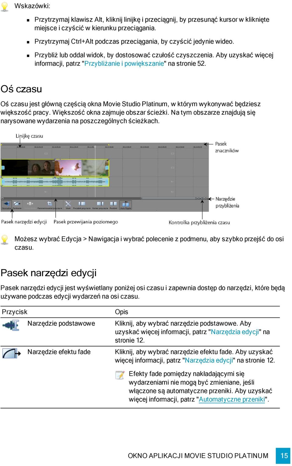 Aby uzyskać więcej informacji, patrz "Przybliżanie i powiększanie" na stronie 52. Oś czasu Oś czasu jest główną częścią okna Movie Studio Platinum, w którym wykonywać będziesz większość pracy.