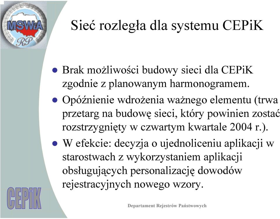 Opóźnienie wdrożenia ważnego elementu (trwa przetarg na budowę sieci, który powinien zostać