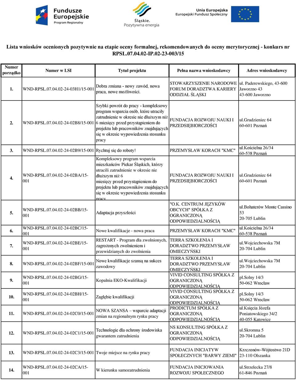 Pełna nazwa wnioskodawcy STOWARZYSZENIE NARODOWE FORUM DORADZTWA KARIERY ODDZIAŁ ŚLĄSKI Adres wnioskodawcy ul. Paderewskiego, 43-600 Jaworzno 43 43-600 Jaworzno 2. WND-RPSL.07.04.