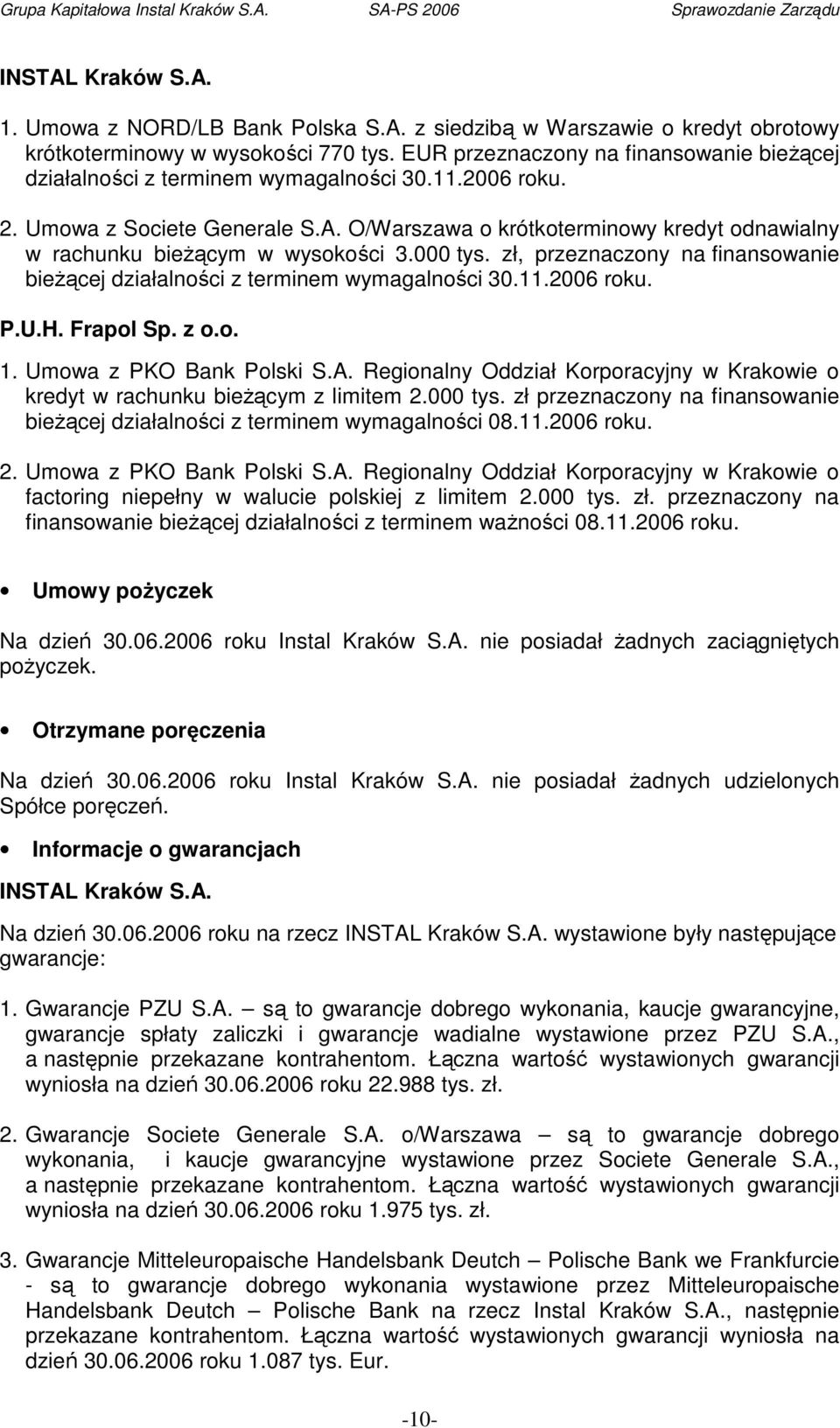 O/Warszawa o krótkoterminowy kredyt odnawialny w rachunku bieŝącym w wysokości 3.000 tys. zł, przeznaczony na finansowanie bieŝącej działalności z terminem wymagalności 30.11.2006 roku. P.U.H.