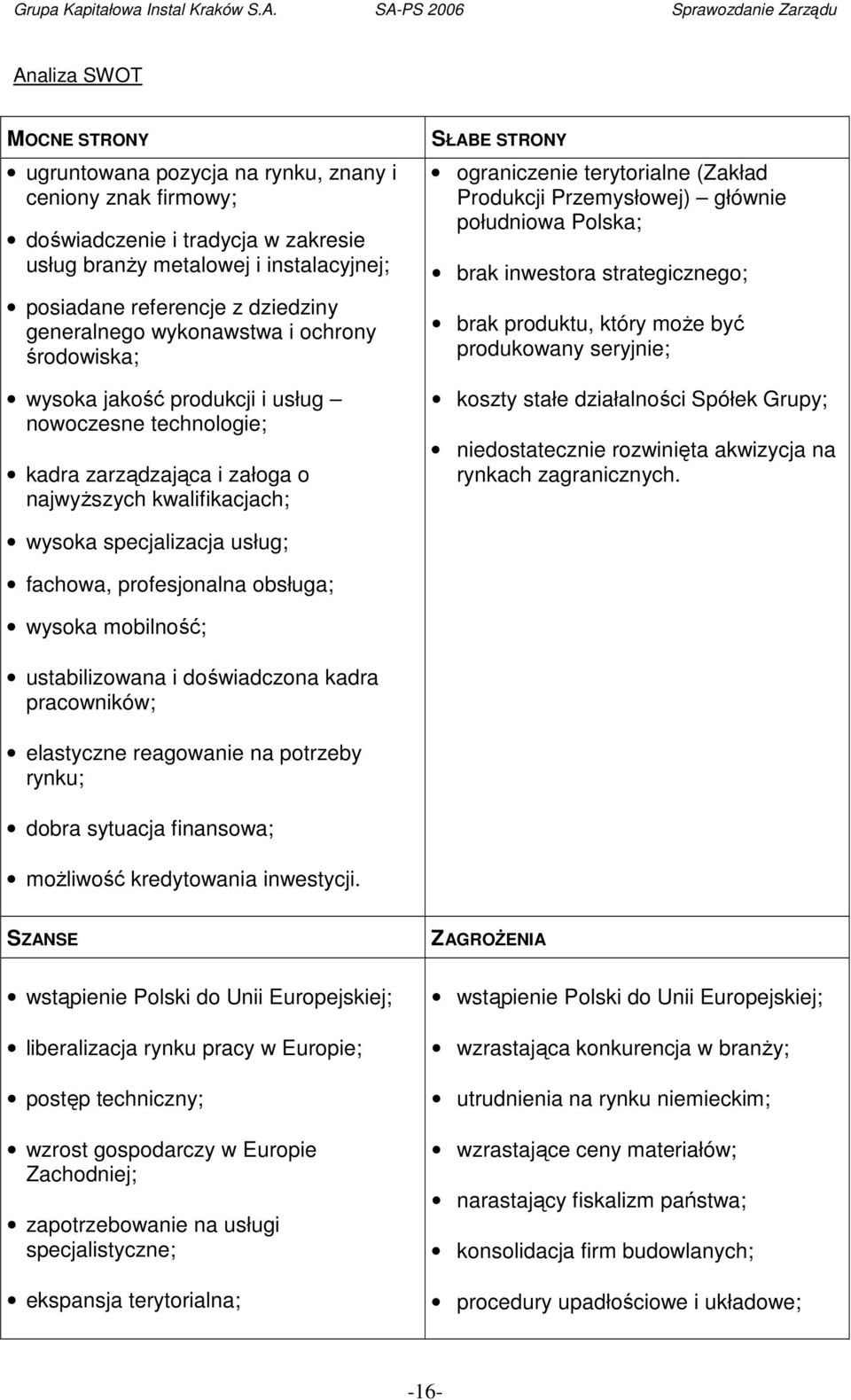 (Zakład Produkcji Przemysłowej) głównie południowa Polska; brak inwestora strategicznego; brak produktu, który moŝe być produkowany seryjnie; koszty stałe działalności Spółek Grupy; niedostatecznie