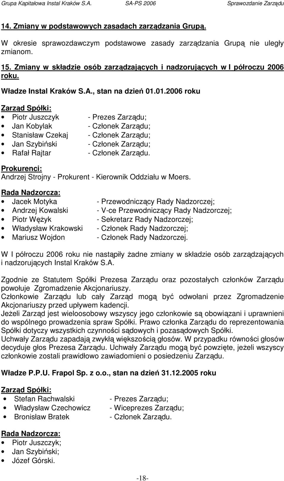 01.2006 roku Zarząd Spółki: Piotr Juszczyk - Prezes Zarządu; Jan Kobylak - Członek Zarządu; Stanisław Czekaj - Członek Zarządu; Jan Szybiński - Członek Zarządu; Rafał Rajtar - Członek Zarządu.