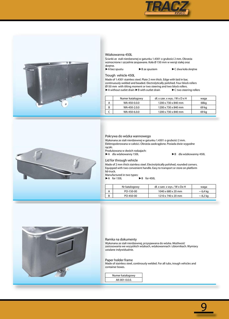 Four block rollers Ø150 mm with tilting moment or two steering and two block rollers. A without outlet drain B with outlet drain C two steering rollers Numer katalogowy dł. x szer. x wys.