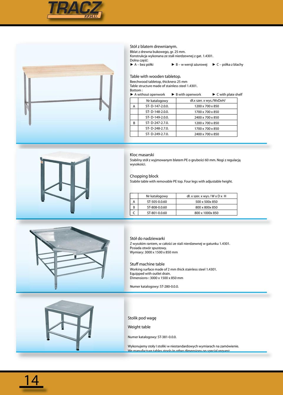 Bottom : A without openwork B with openwork C with plate shelf Nr katalogowy dł.x szer. x wys./wxdxh/ A ST- D-147-2.0.0. 1200 x 700 x 850 ST- D-148-2.0.0. 1700 x 700 x 850 ST- D-149-2.0.0. 2400 x 700 x 850 B ST- D-247-2.