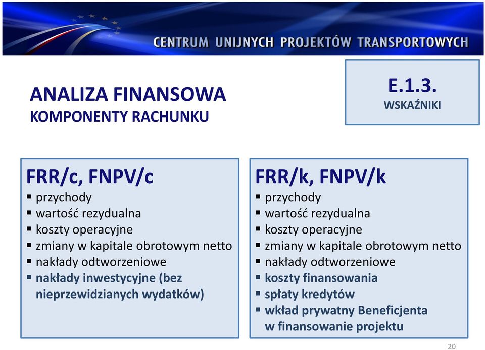 nakłady odtworzeniowe nakłady inwestycyjne (bez nieprzewidzianych wydatków) FRR/k, FNPV/k przychody wartość