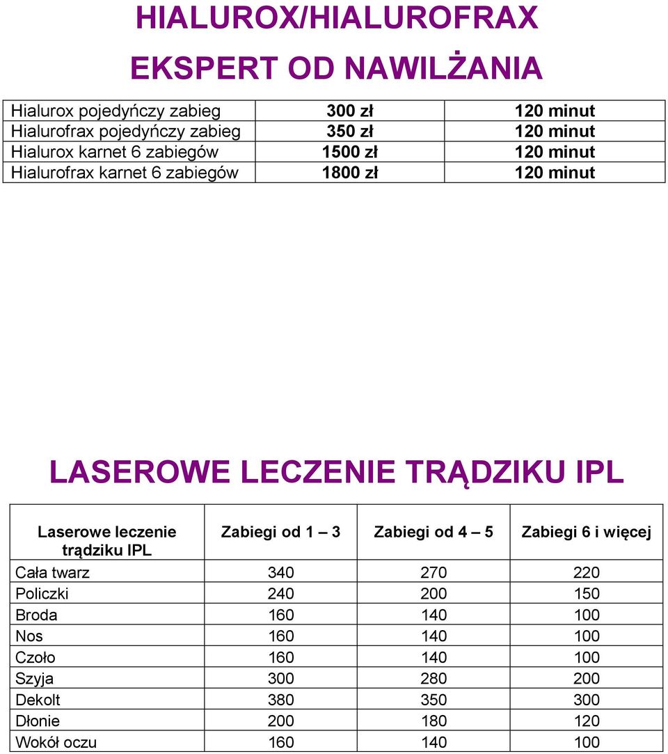 IPL Laserowe leczenie Zabiegi od 1 3 Zabiegi od 4 5 Zabiegi 6 i więcej trądziku IPL Cała twarz 340 270 220 Policzki 240 200 150