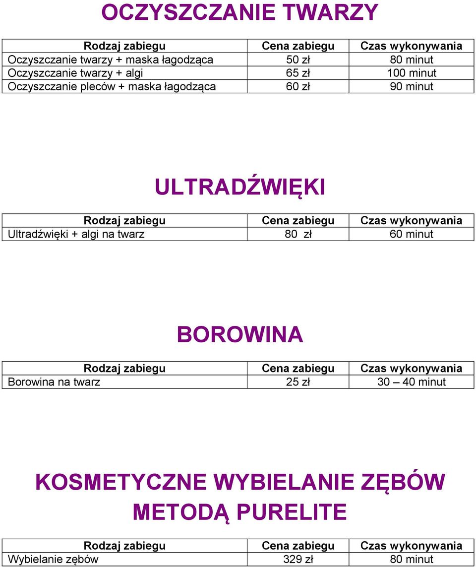 ULTRADŹWIĘKI Ultradźwięki + algi na twarz 80 zł 60 minut BOROWINA Borowina na twarz 25