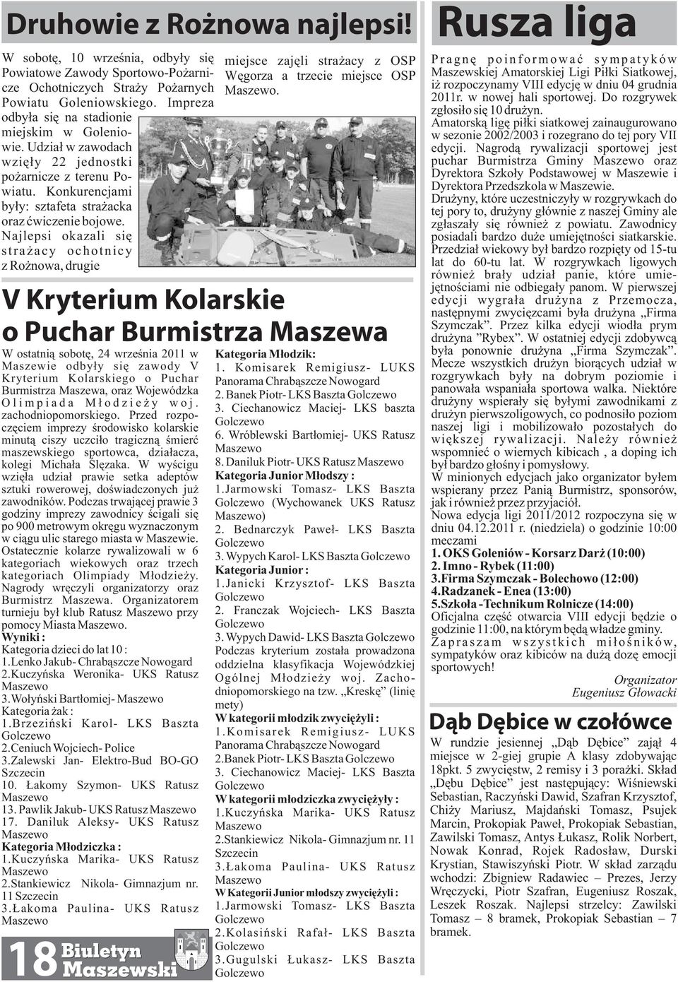 Najlepsi okazali siê stra acy ochotnicy z Ro nowa, drugie V Kryterium Kolarskie o Puchar Burmistrza Maszewa W ostatni¹ sobotê, 24 wrzeœnia 2011 w Maszewie odby³y siê zawody V Kryterium Kolarskiego o