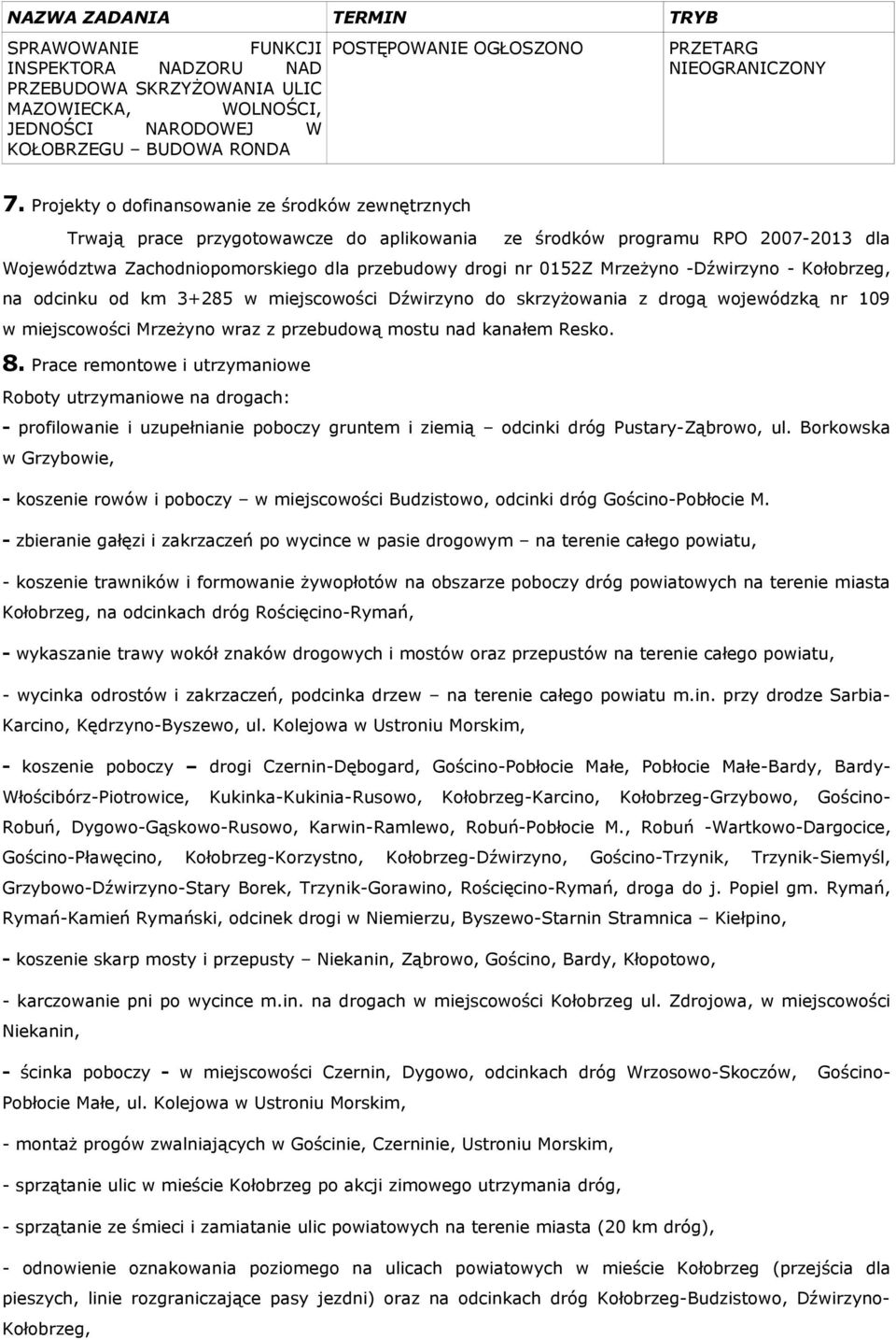 Mrzeżyno -Dźwirzyno - Kołobrzeg, na odcinku od km 3+285 w miejscowości Dźwirzyno do skrzyżowania z drogą wojewódzką nr 109 w miejscowości Mrzeżyno wraz z przebudową mostu nad kanałem Resko. 8.