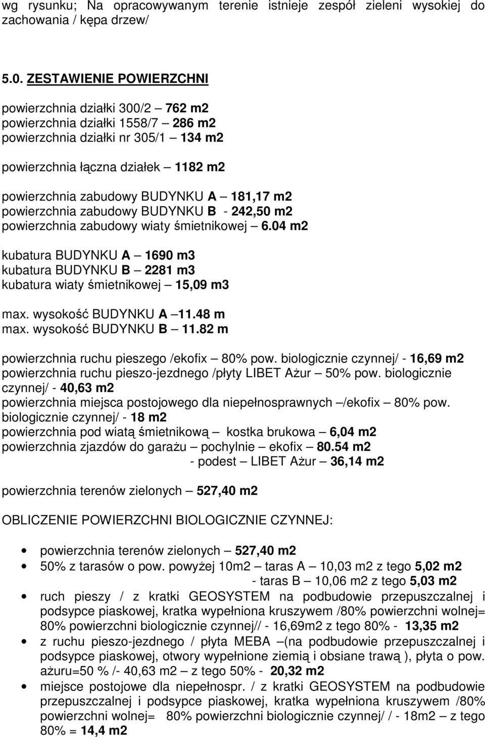 181,17 m2 powierzchnia zabudowy BUDYNKU B - 242,50 m2 powierzchnia zabudowy wiaty śmietnikowej 6.04 m2 kubatura BUDYNKU A 1690 m3 kubatura BUDYNKU B 2281 m3 kubatura wiaty śmietnikowej 15,09 m3 max.