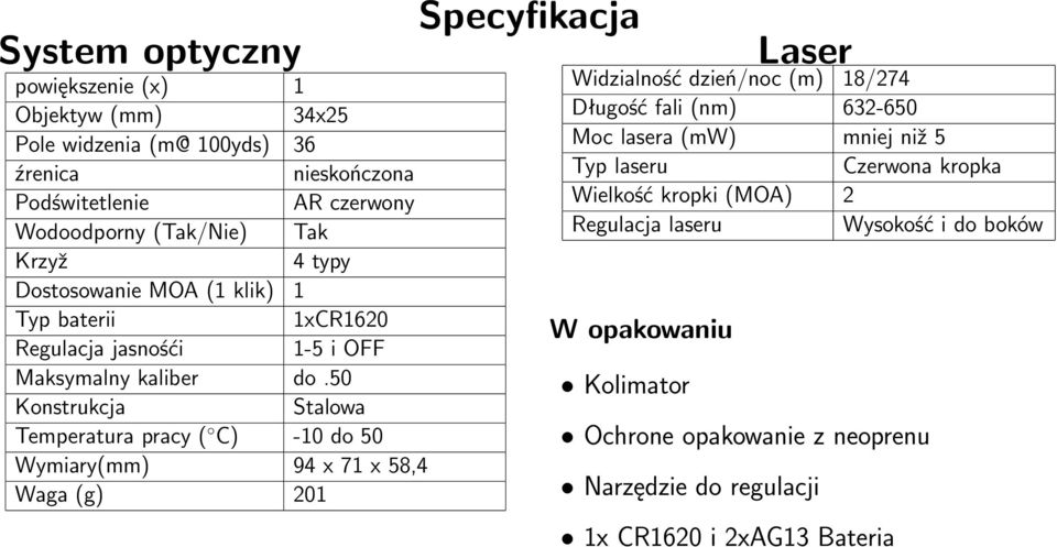 50 Konstrukcja Stalowa Temperatura pracy ( C) -10 do 50 Wymiary(mm) 94 x 71 x 58,4 Waga (g) 201 Specyfikacja Laser Widzialność dzień/noc (m) 18/274 Długość fali (nm)