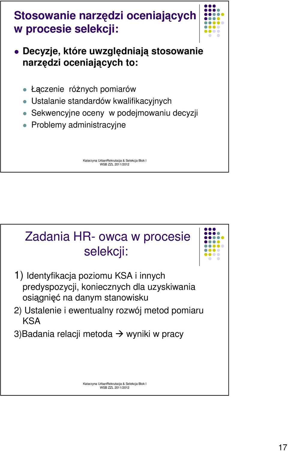 administracyjne Zadania HR- owca w procesie selekcji: 1) Identyfikacja poziomu KSA i innych predyspozycji, koniecznych dla