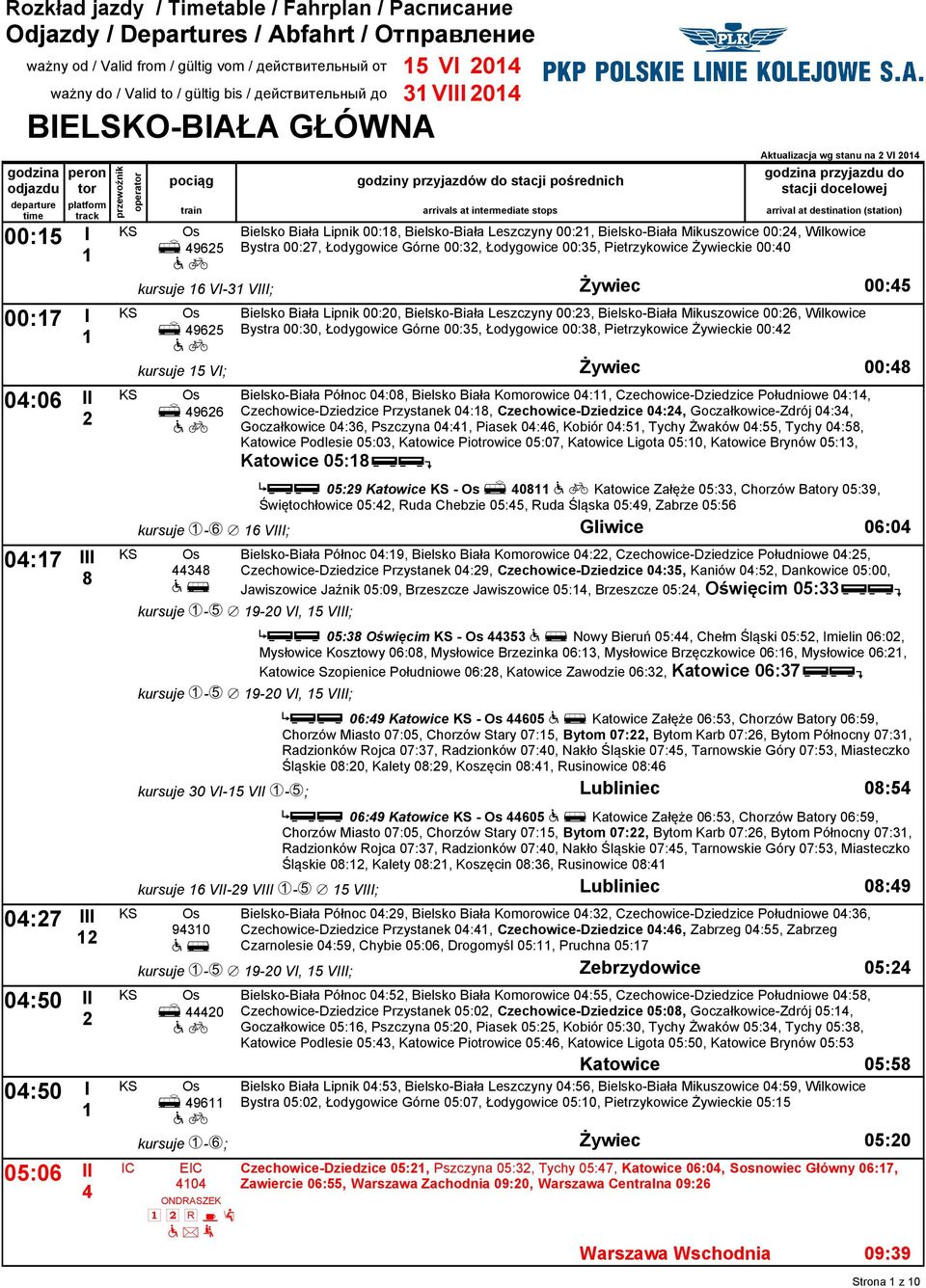 00:, Bielsk-Biała Mikuszwice 00:, Wilkwice Bystra 00:7, Łdygwice Górne 00:3, Łdygwice 00:35, Pietrzykwice Żywieckie 00:0 kursuje 6 VI-3 VIII; Żywiec 00:5 U 965 Bielsk Biała Lipnik 00:0, Bielsk-Biała