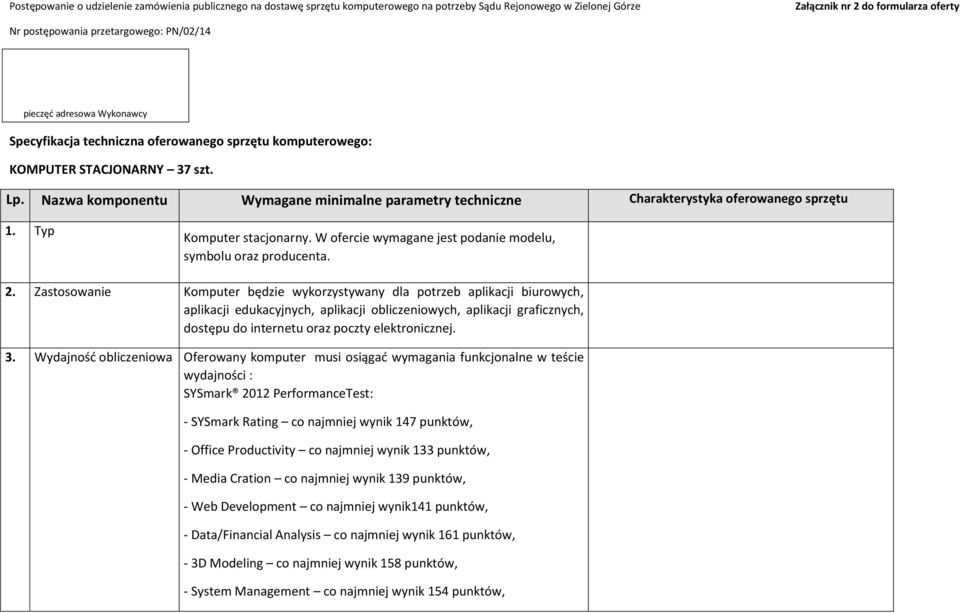 Nazwa komponentu Wymagane minimalne parametry techniczne Charakterystyka oferowanego sprzętu 1. Typ Komputer stacjonarny. W ofercie wymagane jest podanie modelu, symbolu oraz producenta. 2.