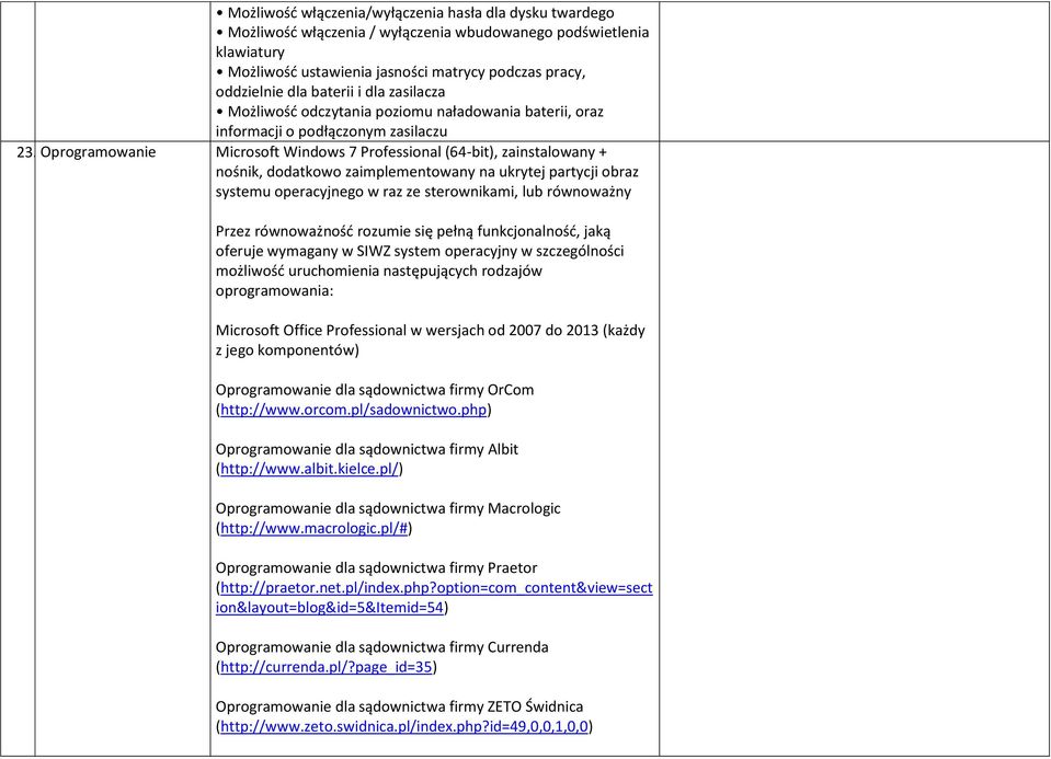 Oprogramowanie Microsoft Windows 7 Professional (64-bit), zainstalowany + nośnik, dodatkowo zaimplementowany na ukrytej partycji obraz systemu operacyjnego w raz ze sterownikami, lub równoważny Przez