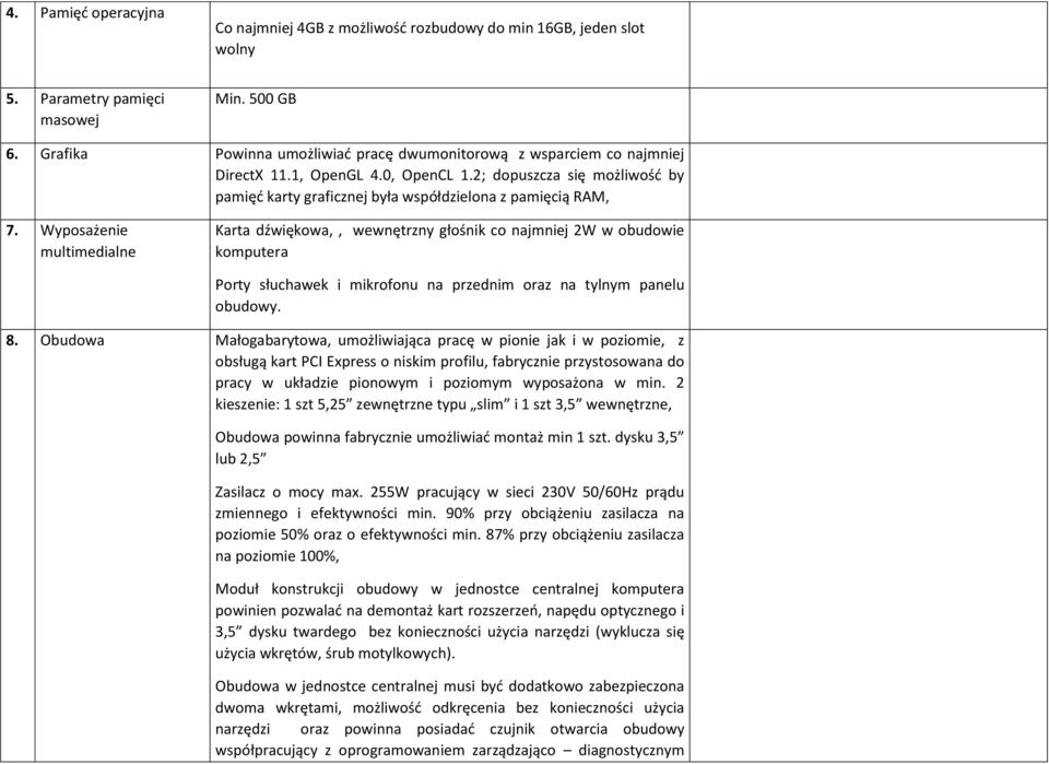 Wyposażenie multimedialne Karta dźwiękowa,, wewnętrzny głośnik co najmniej 2W w obudowie komputera Porty słuchawek i mikrofonu na przednim oraz na tylnym panelu obudowy. 8.