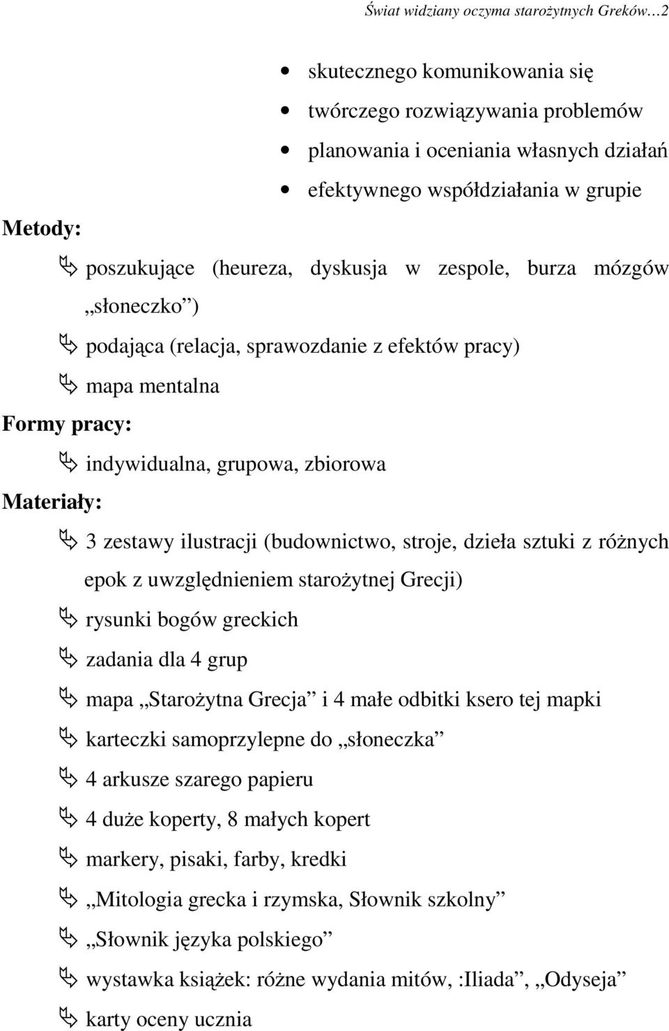 ilustracji (budownictwo, stroje, dzieła sztuki z różnych epok z uwzględnieniem starożytnej Grecji) rysunki bogów greckich zadania dla 4 grup mapa Starożytna Grecja i 4 małe odbitki ksero tej mapki