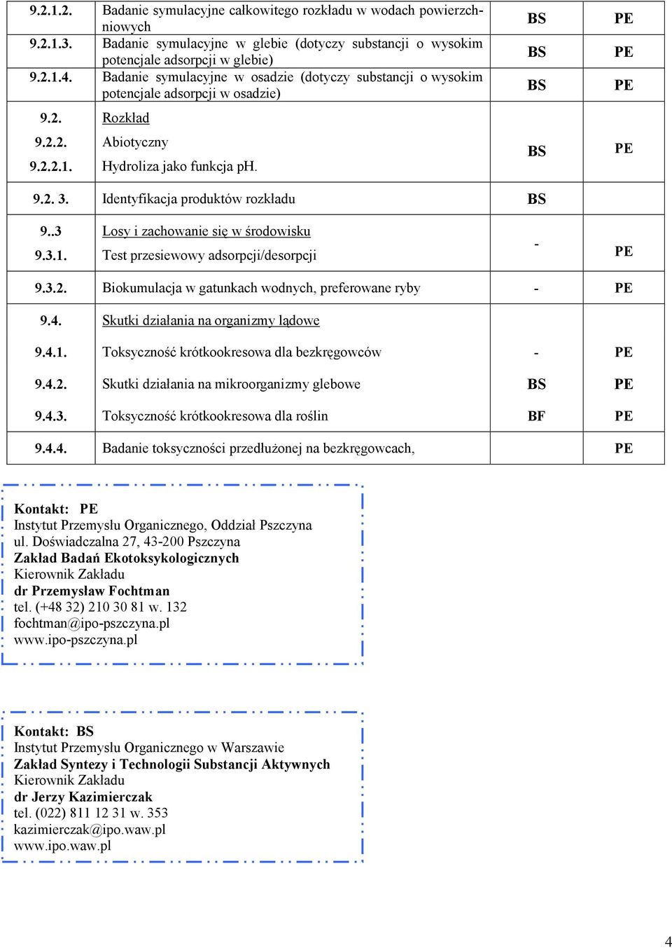 Identyfikacja produktów rozkładu 9..3 9.3.1. Losy i zachowanie się w środowisku Test przesiewowy adsorpcji/desorpcji - 9.3.2. Biokumulacja w gatunkach wodnych, preferowane ryby - 9.4.