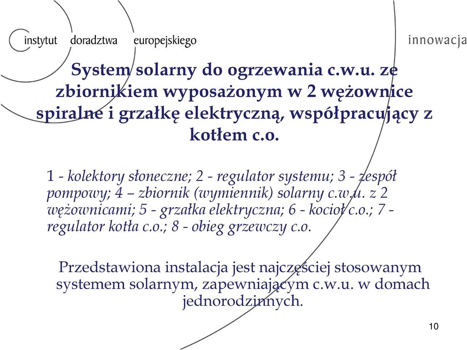 w.u. z 2 wężownicami; 5 - grzałka elektryczna; 6 - kocioł c.o.; 7 - regulator kotła c.o.; 8 - obieg grzewczy c.o. Przedstawiona instalacja jest najczęściej stosowanym systemem solarnym, zapewniającym c.