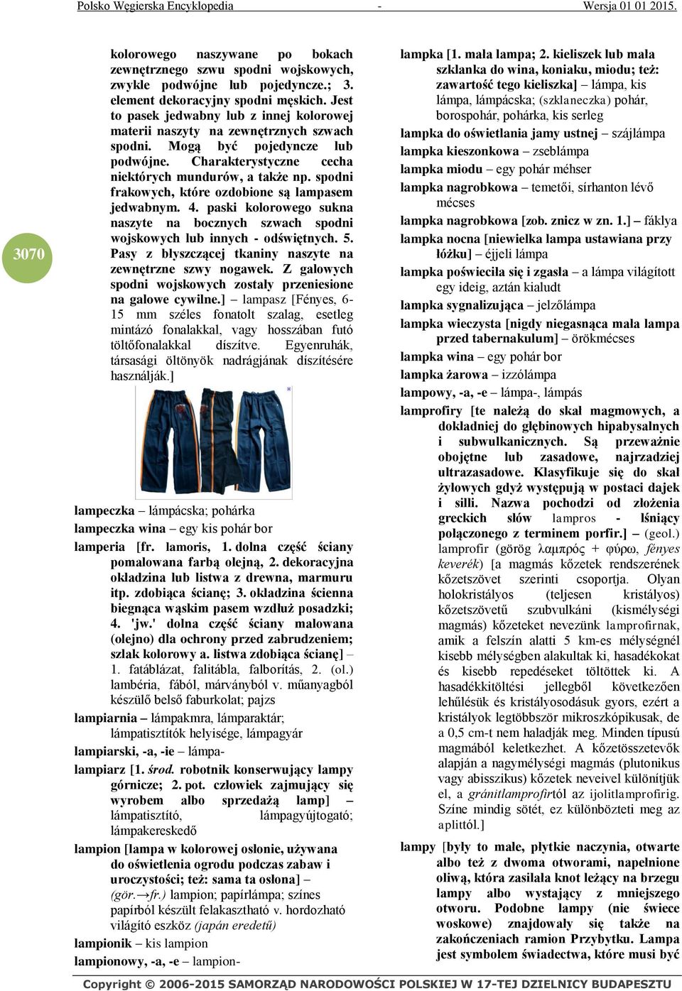 spodni frakowych, które ozdobione są lampasem jedwabnym. 4. paski kolorowego sukna naszyte na bocznych szwach spodni wojskowych lub innych - odświętnych. 5.