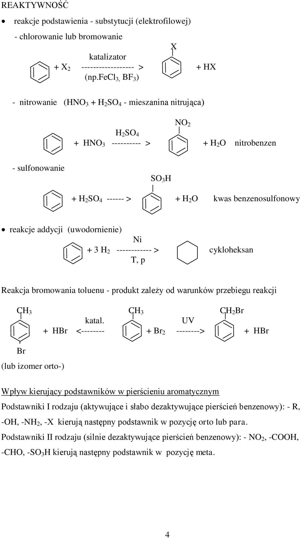 reakcje addycji (uwodornienie) Ni + 3 H 2 ------------ > cykloheksan T, p Reakcja bromowania toluenu - produkt zależy od warunków przebiegu reakcji CH 3 CH 3 CH 2 Br katal.