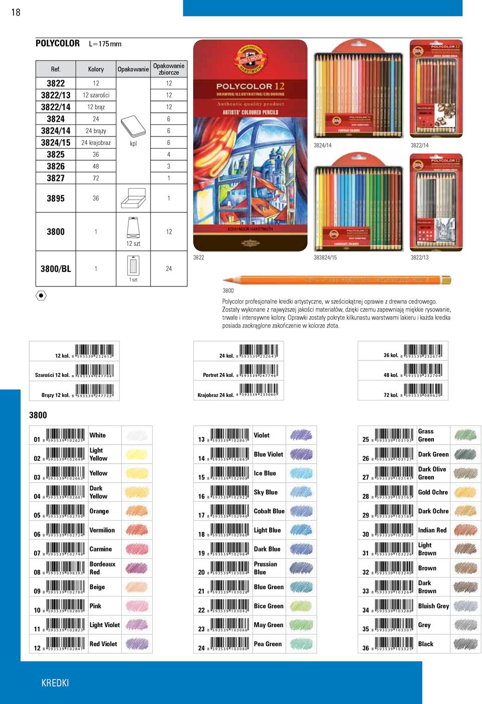 1 12 12 szt 3822 383824/15 3822/13 3800/BL 1 24 1 szt 3800 Polycolor profesjonalne kredki artystyczne, w sześciokątnej oprawie z drewna cedrowego.