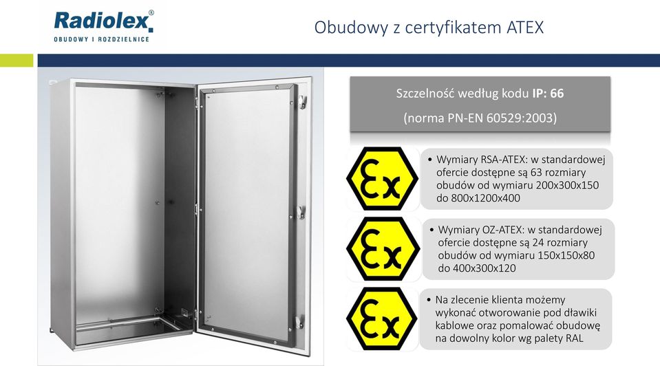 OZ-ATEX: w standardowej ofercie dostępne są 24 rozmiary obudów od wymiaru 150x150x80 do 400x300x120 Na