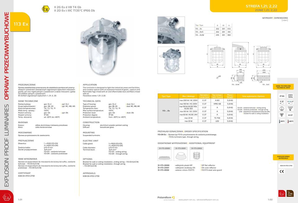 Rodzaj budowy: gaz: Ex d pył: Ex t Grupa wybuchowości: gaz:, A pył: C,, A Klasa temperaturowa: T4, T3, T, T1 Maks temp. oprawy.
