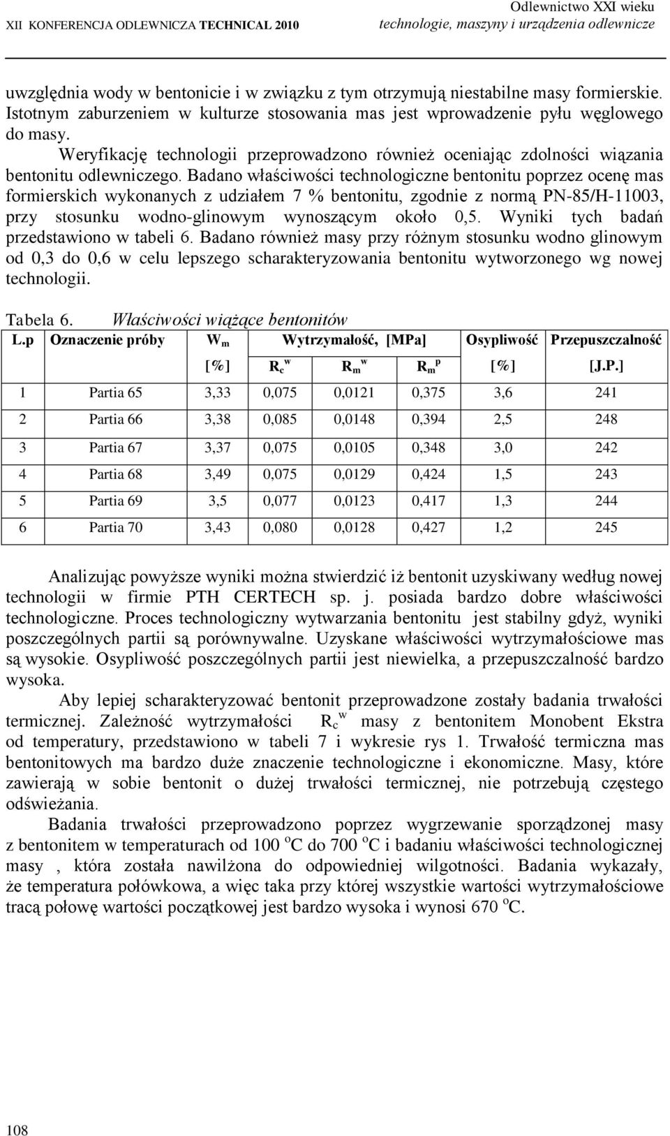 Badano właściwości technologiczne bentonitu poprzez ocenę mas formierskich wykonanych z udziałem 7 % bentonitu, zgodnie z normą PN-85/H-11003, przy stosunku wodno-glinowym wynoszącym około 0,5.