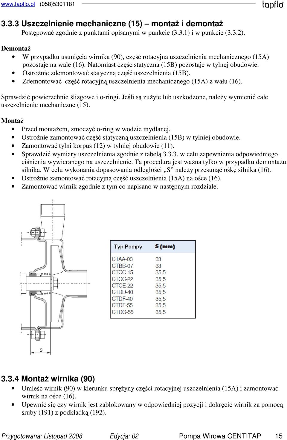 Ostrożnie zdemontować statyczną część uszczelnienia (15B). Zdemontować część rotacyjną uszczelnienia mechanicznego (15A) z wału (16). Sprawdzić powierzchnie ślizgowe i o-ringi.