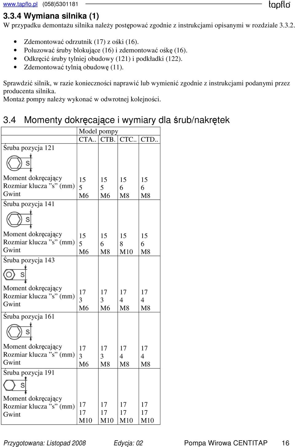 Sprawdzić silnik, w razie konieczności naprawić lub wymienić zgodnie z instrukcjami podanymi przez producenta silnika. Montaż pompy należy wykonać w odwrotnej kolejności. 3.