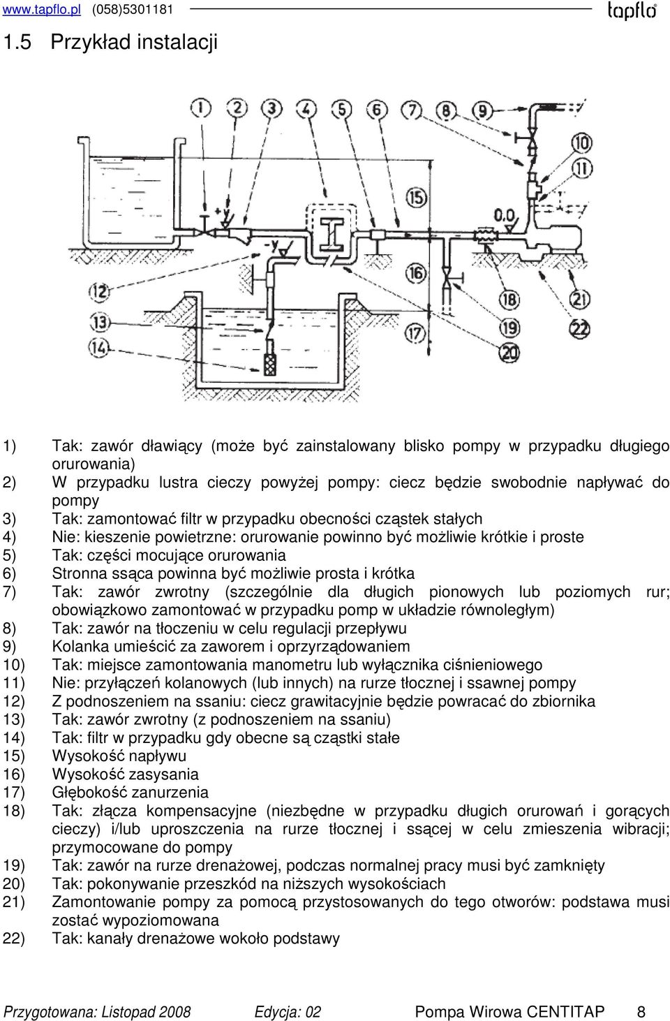 powinna być możliwie prosta i krótka 7) Tak: zawór zwrotny (szczególnie dla długich pionowych lub poziomych rur; obowiązkowo zamontować w przypadku pomp w układzie równoległym) 8) Tak: zawór na