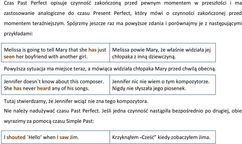 Melissa powie Mary, że właśnie widziała jej chłopaka z inną dziewczyną. Powyższa sytuacja ma miejsce teraz, a mówiąca widziała chłopaka Mary przed chwilą obecną.