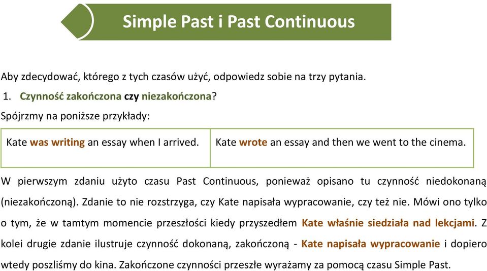 W pierwszym zdaniu użyto czasu Past Continuous, ponieważ opisano tu czynność niedokonaną (niezakończoną). Zdanie to nie rozstrzyga, czy Kate napisała wypracowanie, czy też nie.