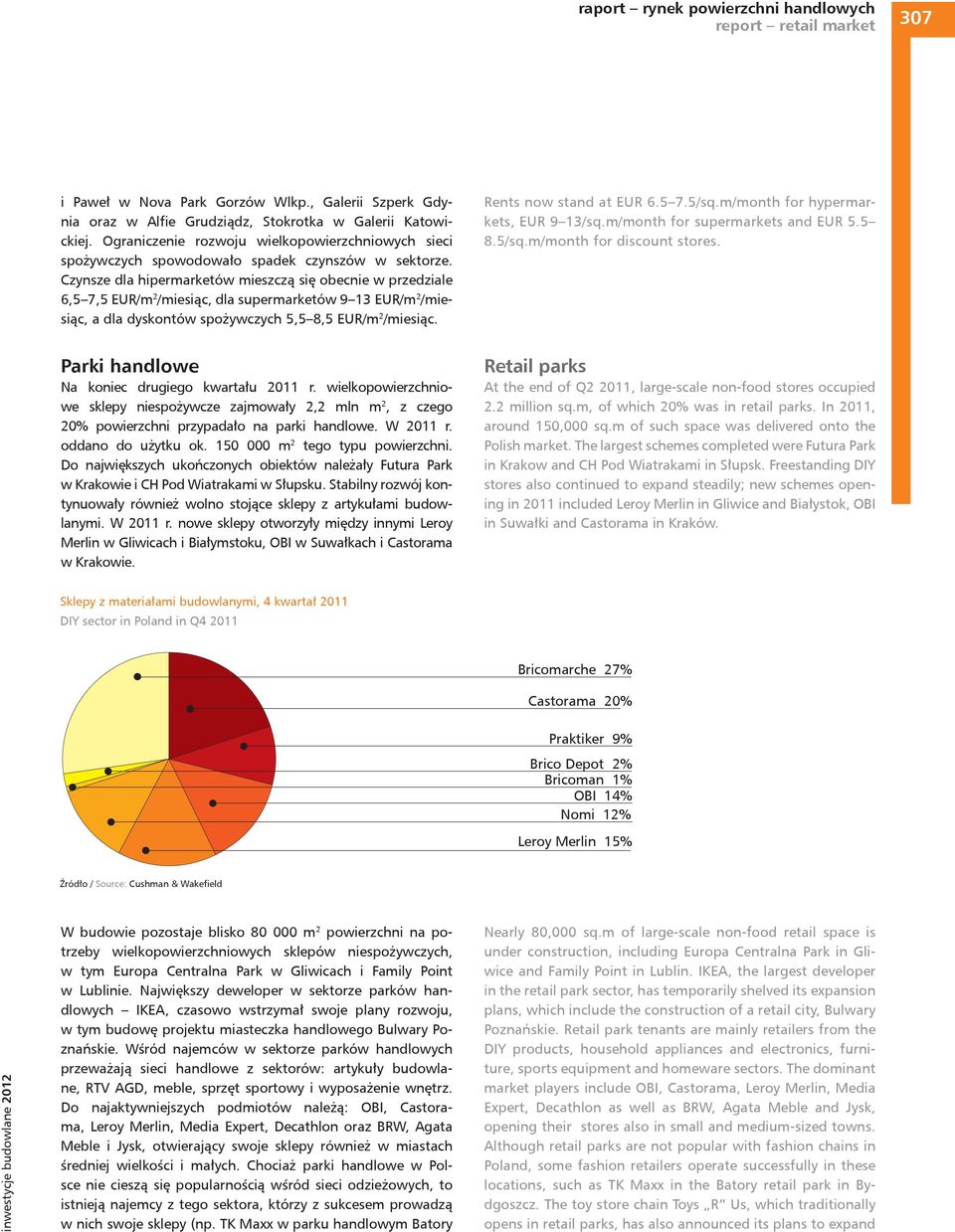 Czynsze dla hipermarketów mieszczą się obecnie w przedziale 6,5 7,5 EUR/m 2 /miesiąc, dla supermarketów 9 13 EUR/m 2 /miesiąc, a dla dyskontów spożywczych 5,5 8,5 EUR/m 2 /miesiąc.