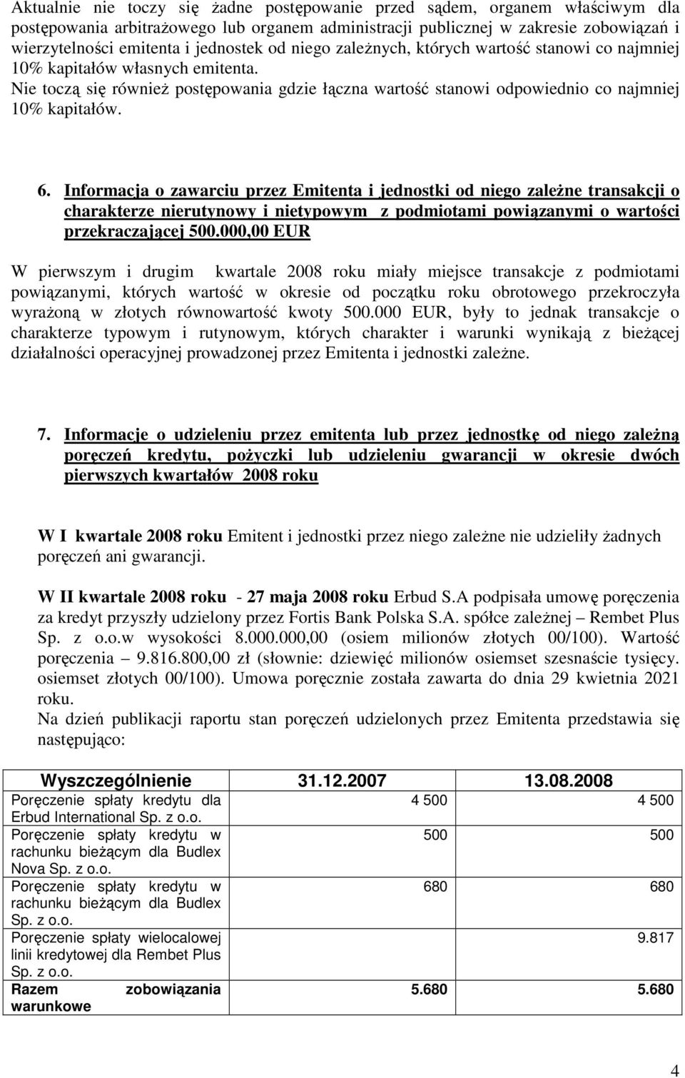 Nie toczą się równieŝ postępowania gdzie łączna wartość stanowi odpowiednio co najmniej 10% kapitałów. 6.