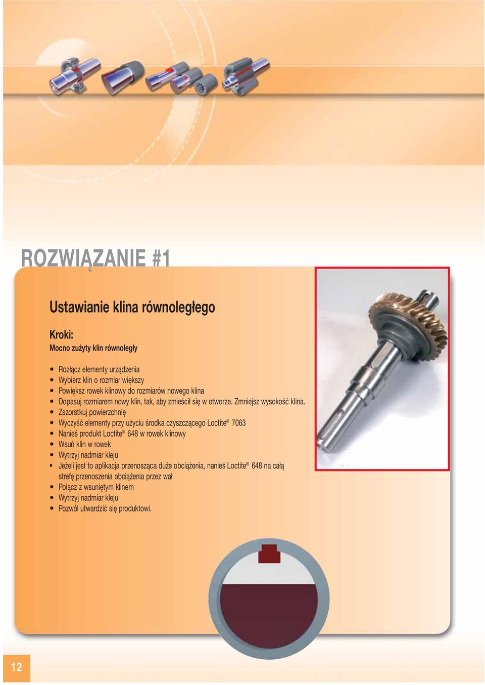 Zszorstkuj powierzchnię Wyczyść elementy przy użyciu środka czyszczącego 7063 Nanieś produkt 648 w rowek klinowy Wsuń klin w rowek Wytrzyj nadmiar kleju