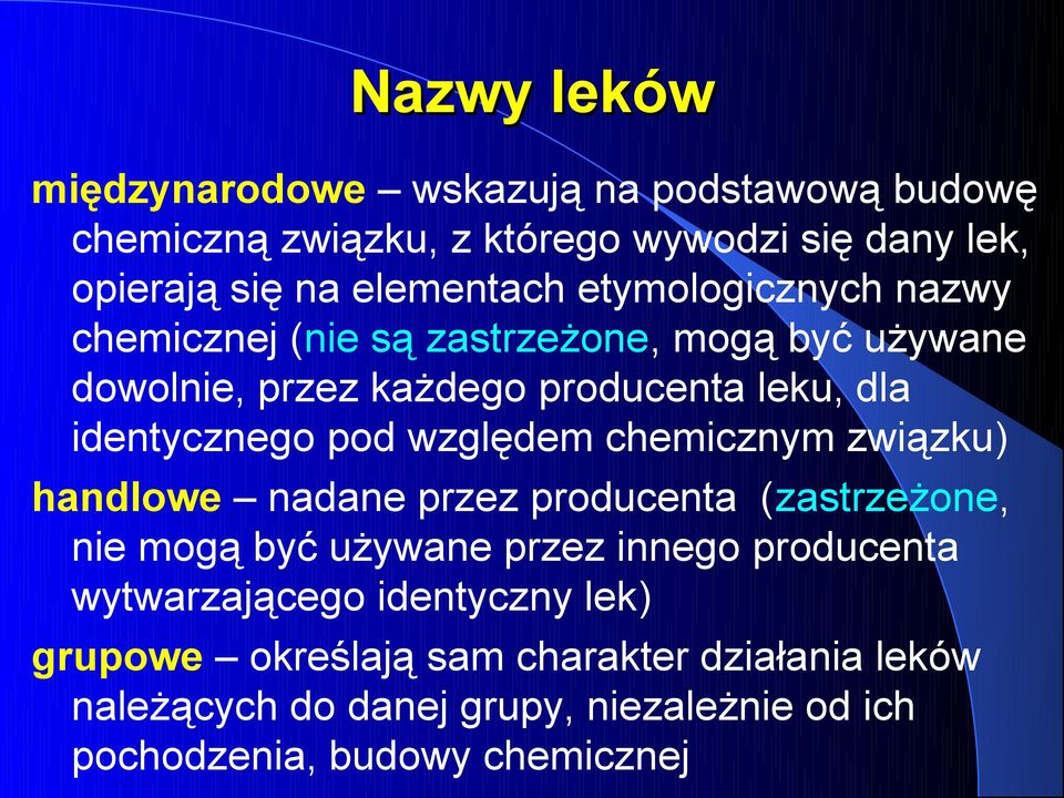 względem chemicznym związku) handlowe nadane przez producenta (zastrzeżone, nie mogą być używane przez innego producenta wytwarzającego