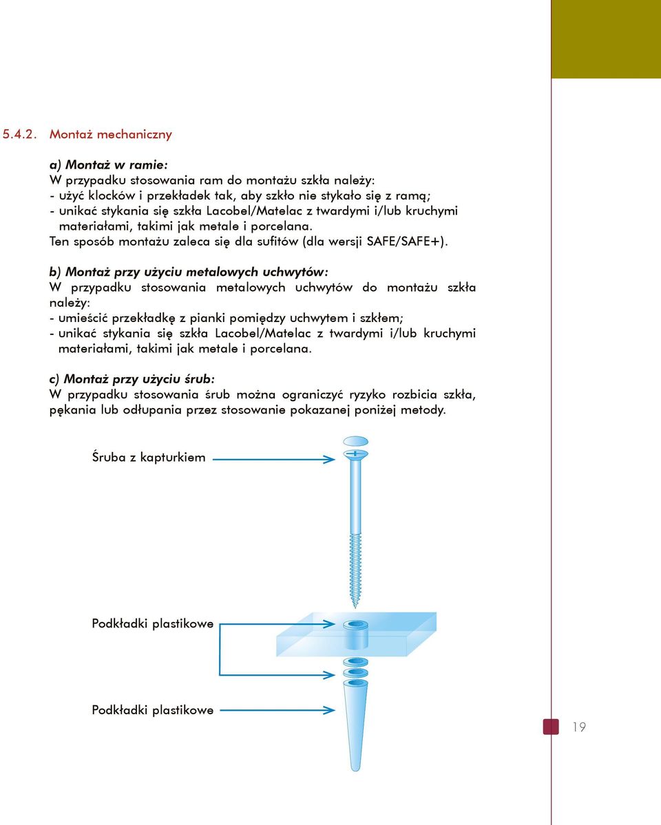 Lacobel/Matelac z twardymi i/lub kruchymi materiałami, takimi jak metale i porcelana. Ten sposób montażu zaleca się dla sufitów (dla wersji SFE/SFE+).