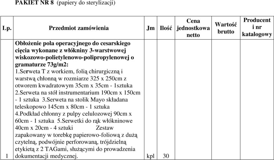 Serweta T z workiem, folią chirurgiczną i warstwą chłonną w rozmiarze 325 x 250cm z otworem kwadratowym 35cm x 35cm - 1sztuka 2.Serweta na stół instrumentarium 190cm x 150cm - 1 sztuka 3.