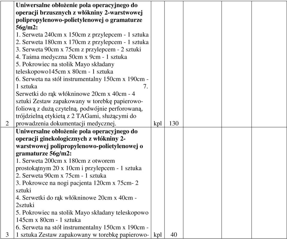 Pokrowiec na stolik Mayo składany teleskopowo145cm x 80cm - 1 sztuka 6. Serweta na stół instrumentalny 150cm x 190cm - 1 sztuka 7.