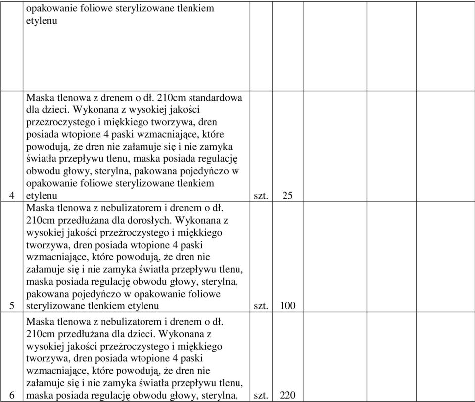 posiada regulację obwodu głowy, sterylna, pakowana pojedyńczo w opakowanie foliowe sterylizowane tlenkiem etylenu szt. 25 Maska tlenowa z nebulizatorem i drenem o dł. 210cm przedłużana dla dorosłych.