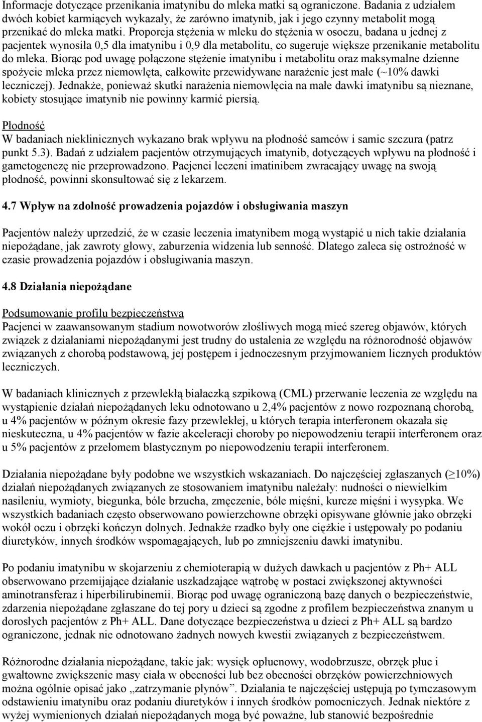 Proporcja stężenia w mleku do stężenia w osoczu, badana u jednej z pacjentek wynosiła 0,5 dla imatynibu i 0,9 dla metabolitu, co sugeruje większe przenikanie metabolitu do mleka.