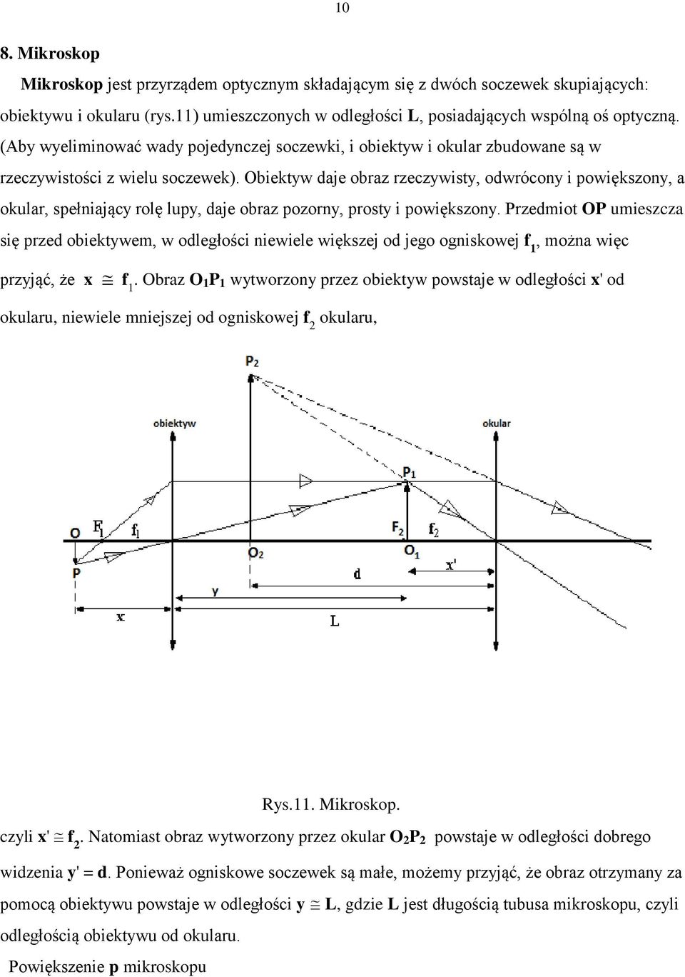 Obiektyw aje obraz rzeczywisty, owrócony i powiększony, a okular, spełniający rolę lupy, aje obraz pozorny, prosty i powiększony.