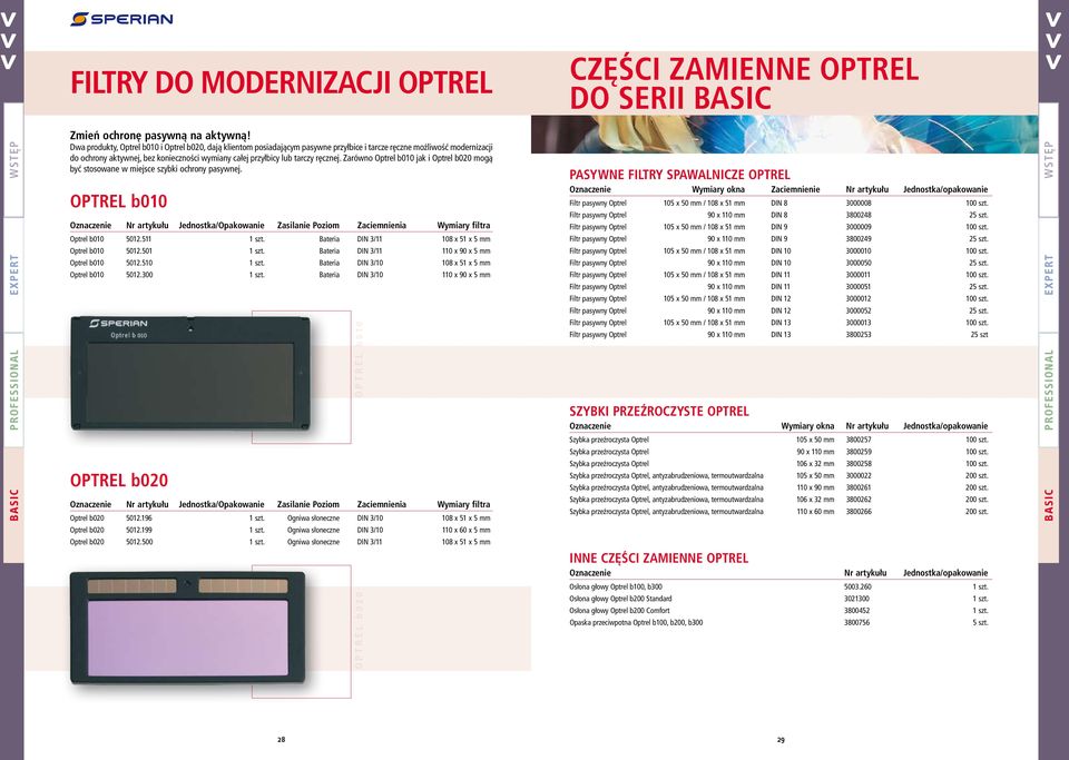 ręcznej. Zarówno Optrel b010 jak i Optrel b020 mogą być stosowane w miejsce szybki ochrony pasywnej. Optrel b010 Nr artykułu Jednostka/Opakowanie Poziom Zaciemnienia Wymiary filtra Optrel b010 5012.